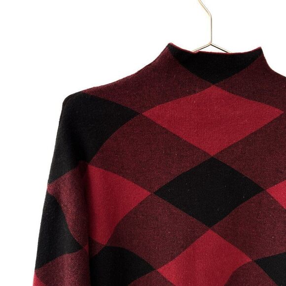 Tahari Red Black Block Plaid Mock Neck Sweater - Picture 3 of 7